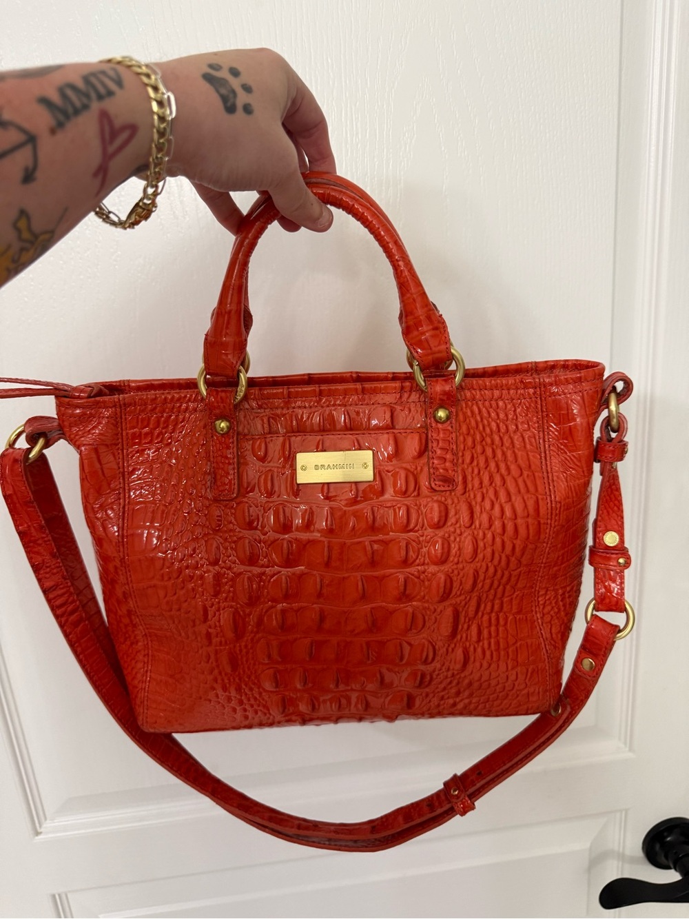 Brahmin Orange Embossed Animal Print Satchel Top Handle Bag